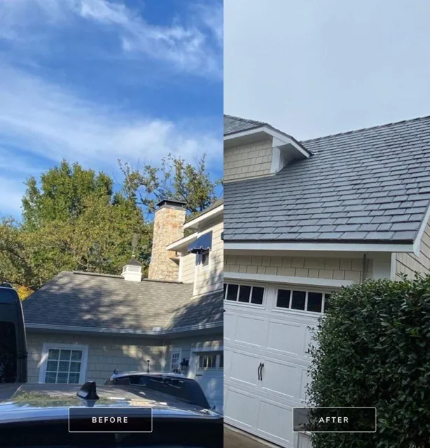 Side-by-side roof photos labeled before and after in the supplied image