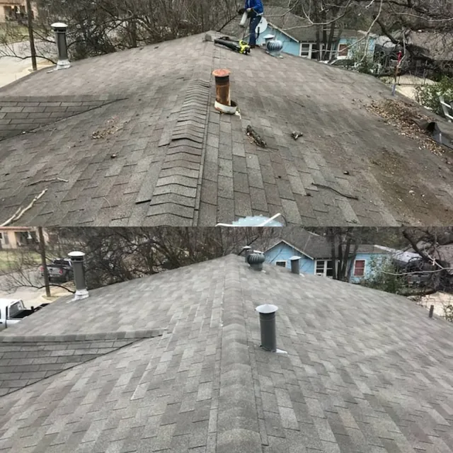Paired views showing changes to a shingle roof