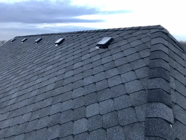 Dark shingle roof with ridge and roof vents